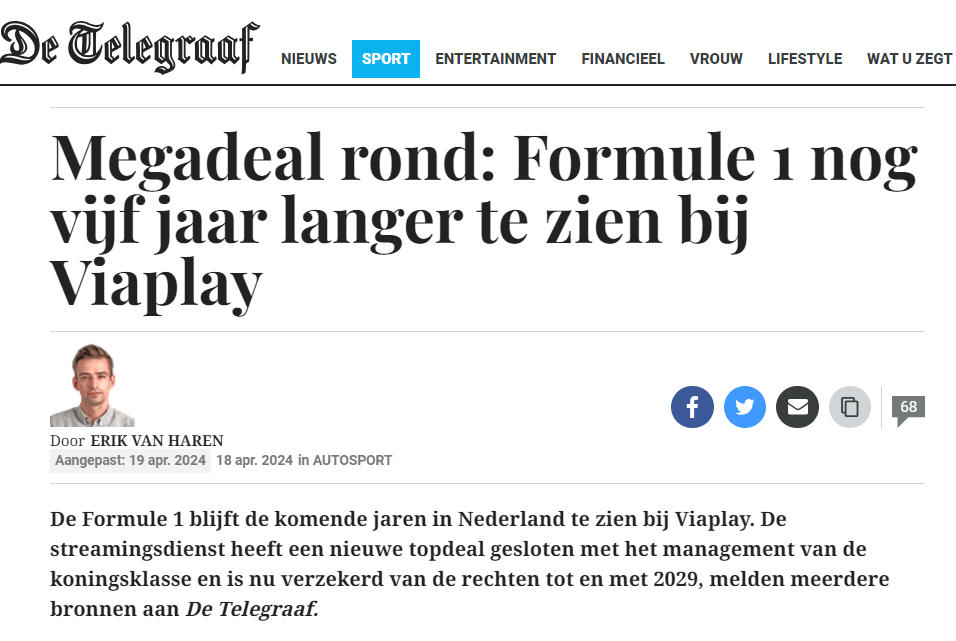 telegraaf bericht Formule 1 nog 5 jaar langer te zien bij viaplay